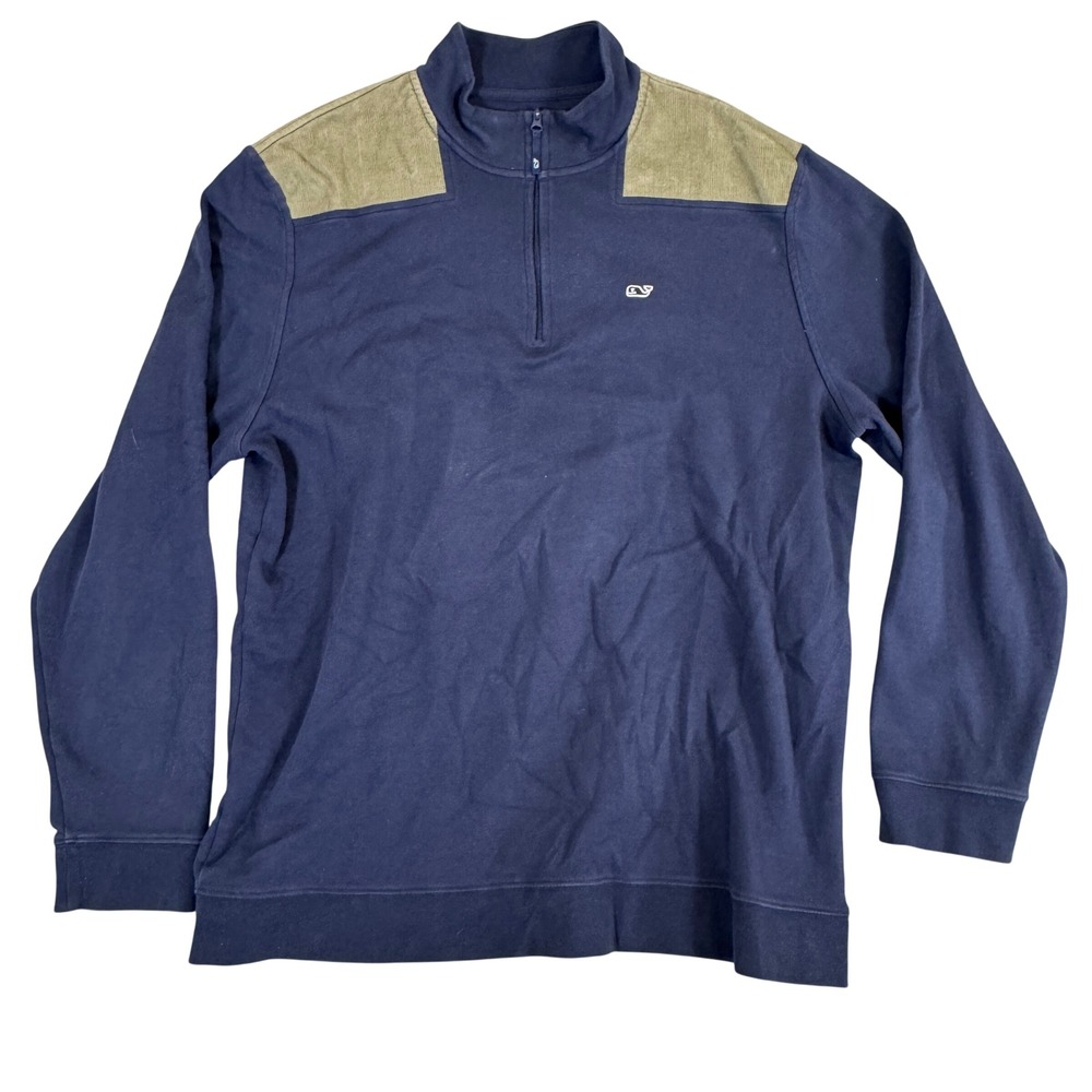 Vineyard Vines Mens XL Navy Blue 1/4 Zip Pullover Corduroy Shoulder Patch Cotton